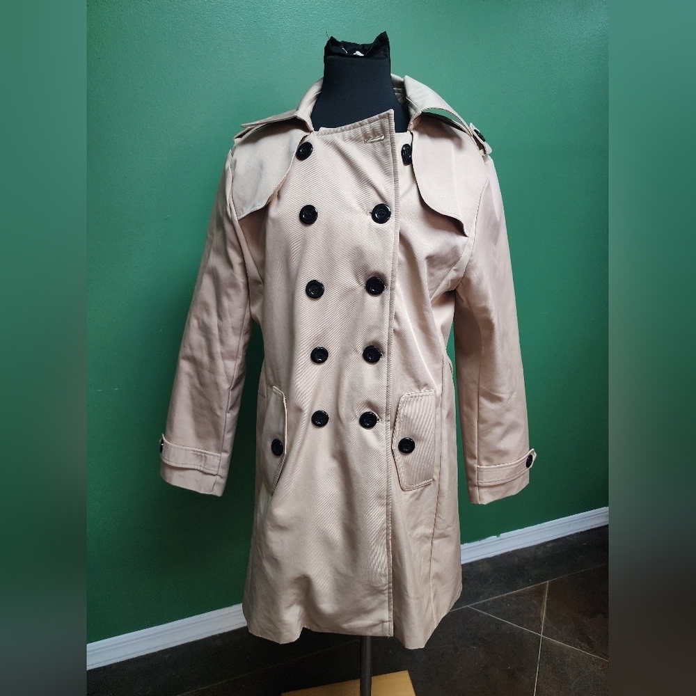 Fabletics Beige Double Breasted Trench Coat | Size Large | Classic Tailored Jack